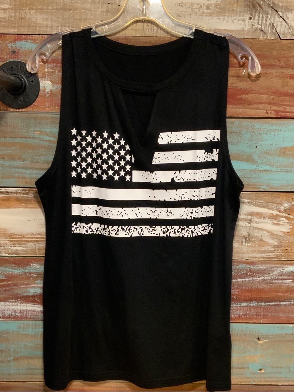 Black Sleeveless Tank with Distressed White American Flag